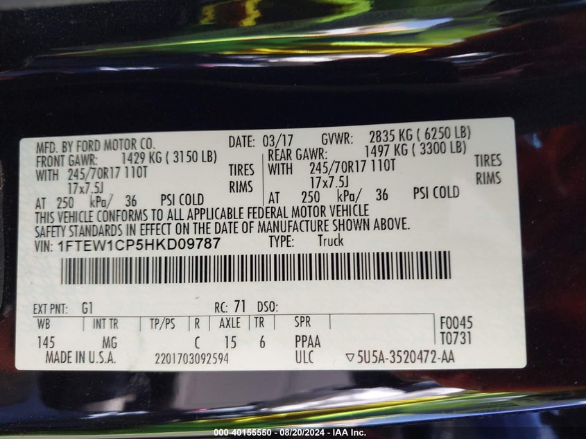 VIN 1FTEW1CP5HKD09787 2017 FORD F-150 XLT