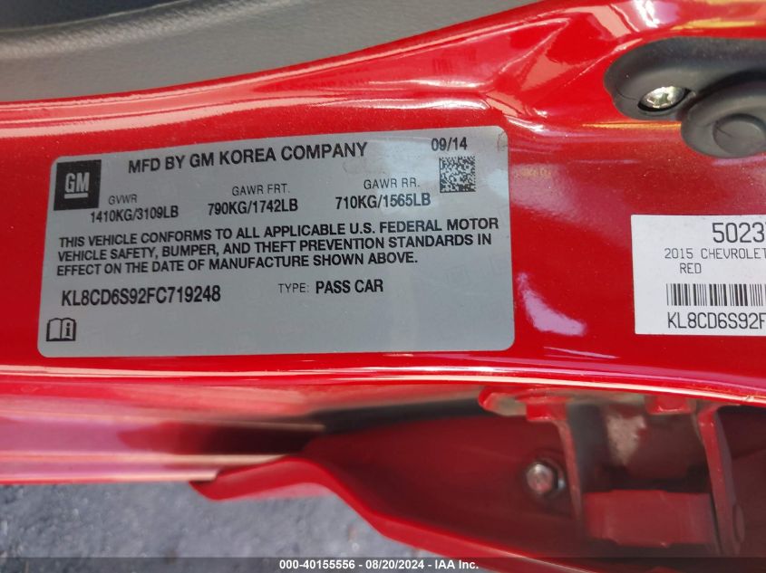 2015 Chevrolet Spark 1Lt Cvt VIN: KL8CD6S92FC719248 Lot: 40155556