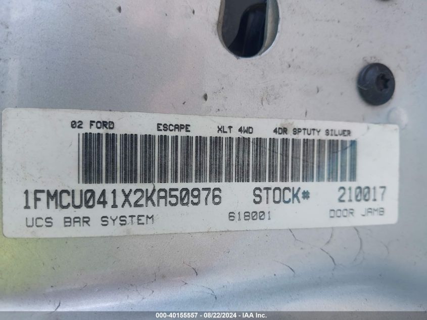 2002 Ford Escape Xlt VIN: 1FMCU041X2KA50976 Lot: 40155557