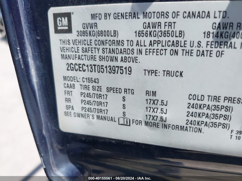 2005 Chevrolet Silverado 1500 Ls VIN: 2GCEC13T051397519 Lot: 40155561