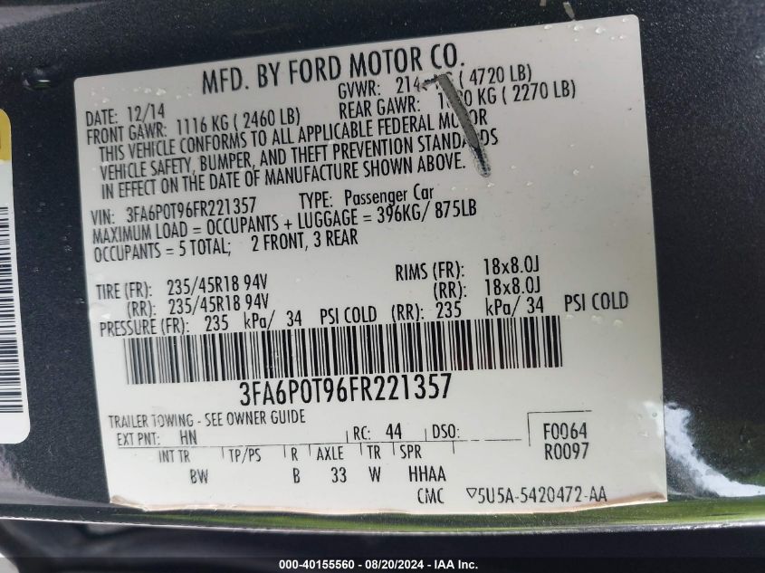 2015 Ford Fusion Se VIN: 3FA6P0T96FR221357 Lot: 40155560