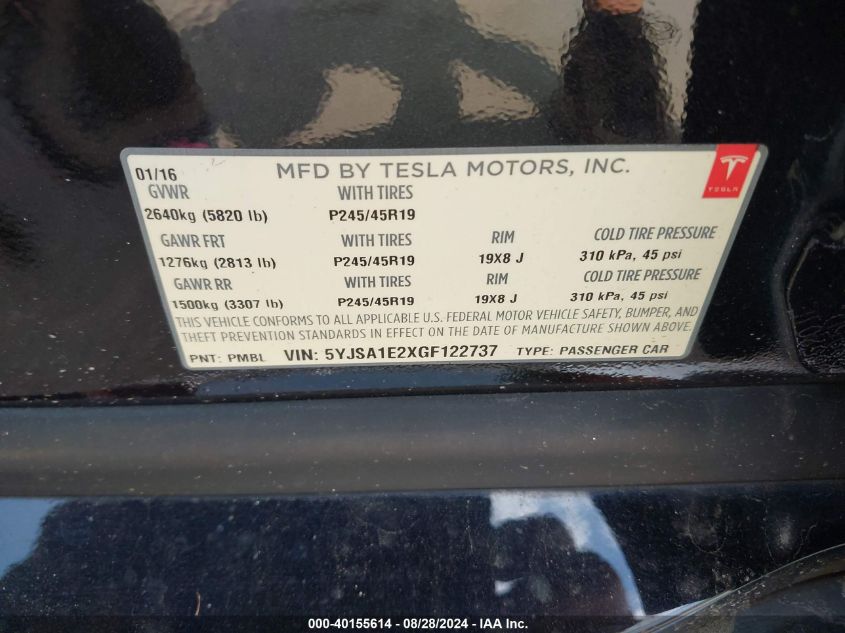 2016 Tesla Model S 60D/70D/75D/85D/90D VIN: 5YJSA1E2XGF122737 Lot: 40155614