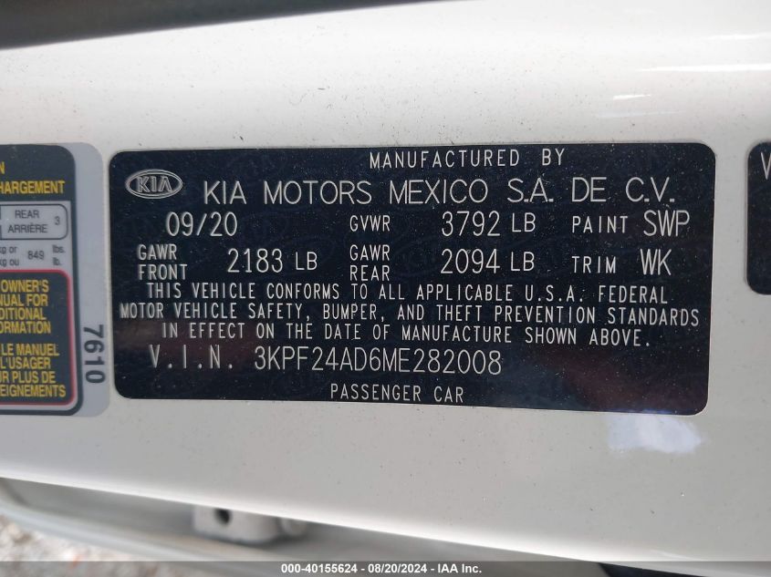 2021 Kia Forte Lxs VIN: 3KPF24AD6ME282008 Lot: 40155624