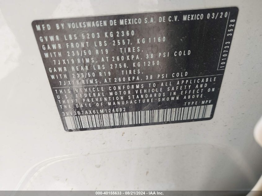 3VV3B7AX6LM124692 2020 Volkswagen Tiguan Se/Sel