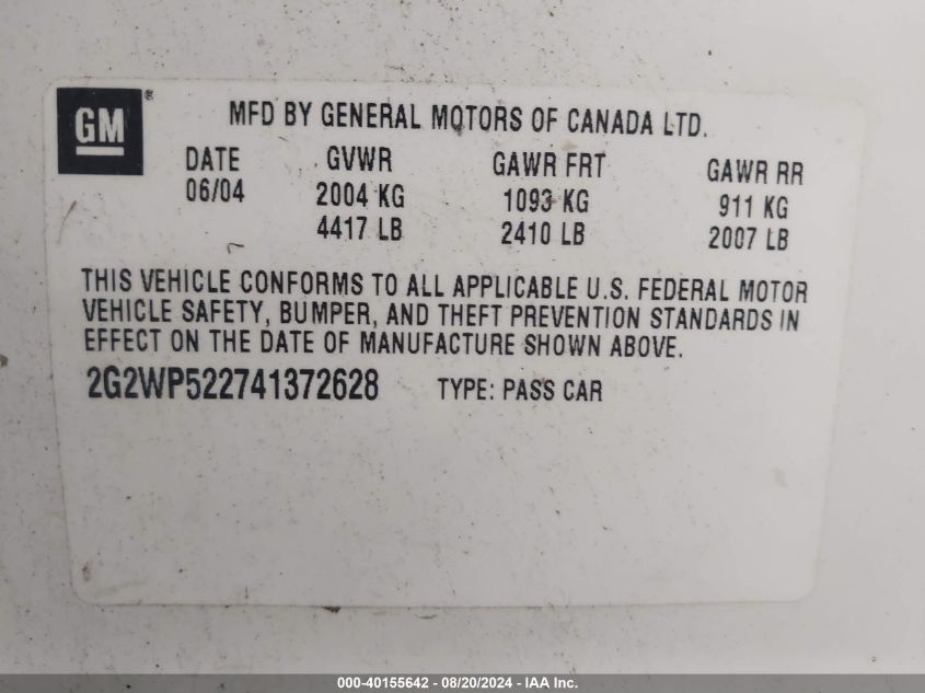 2G2WP522741372628 2004 Pontiac Grand Prix Gt1