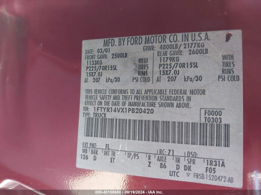 2001 Ford Ranger Edge/Xl/Xlt VIN: 1FTYR14VX1PB20420 Lot: 40155650