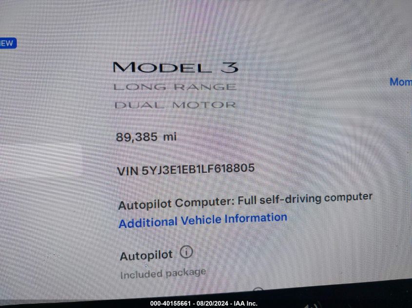 2020 Tesla Model 3 VIN: 5YJ3E1EB1LF618805 Lot: 40155661