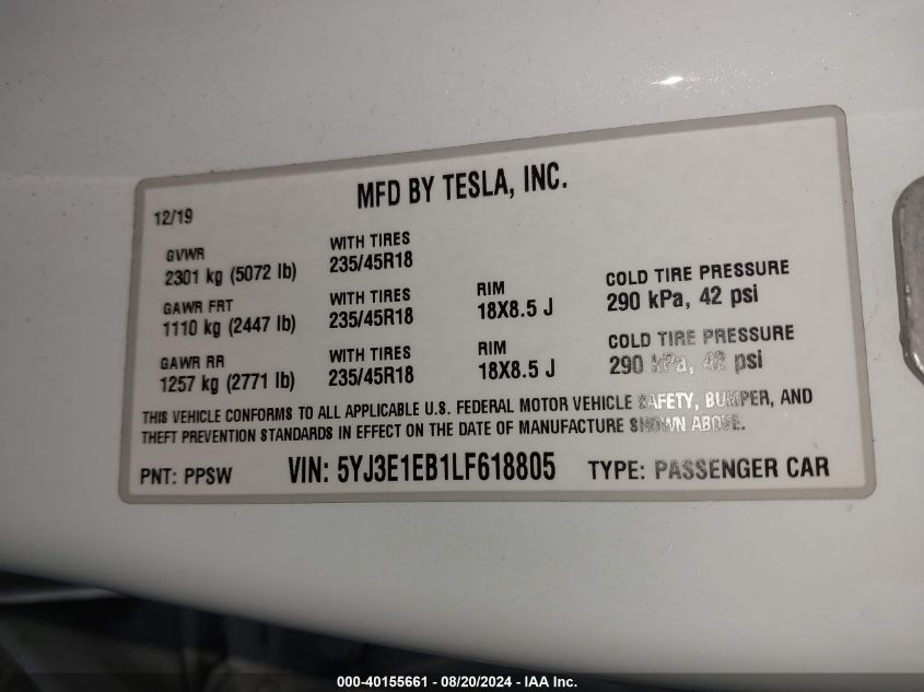 2020 Tesla Model 3 VIN: 5YJ3E1EB1LF618805 Lot: 40155661