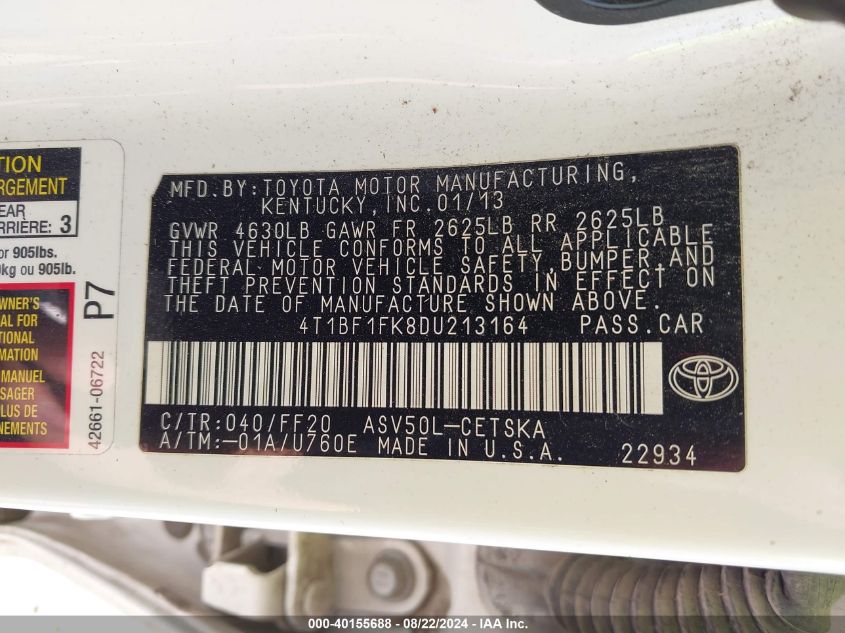 4T1BF1FK8DU213164 2013 Toyota Camry Se