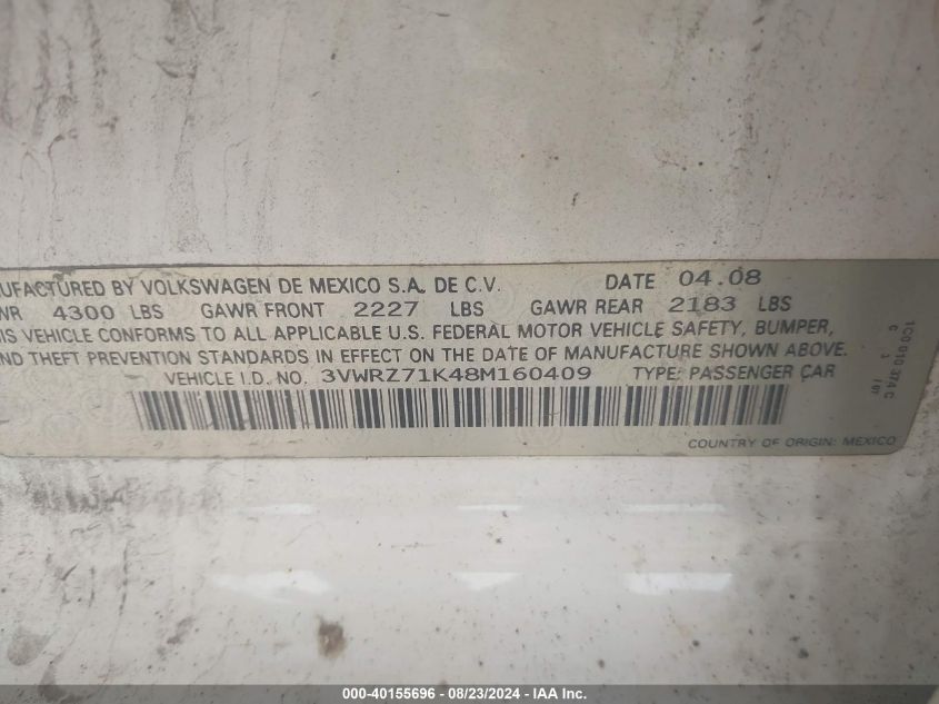 2008 Volkswagen Jetta Se VIN: 3VWRZ71K48M160409 Lot: 40155696
