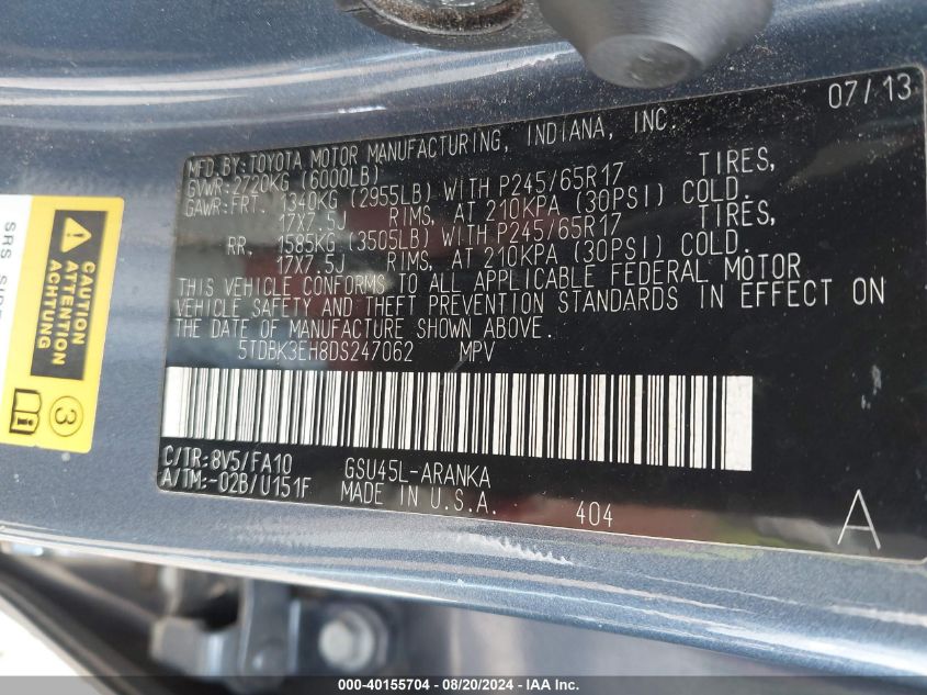 2013 Toyota Highlander Base Plus V6 VIN: 5TDBK3EH8DS247062 Lot: 40155704