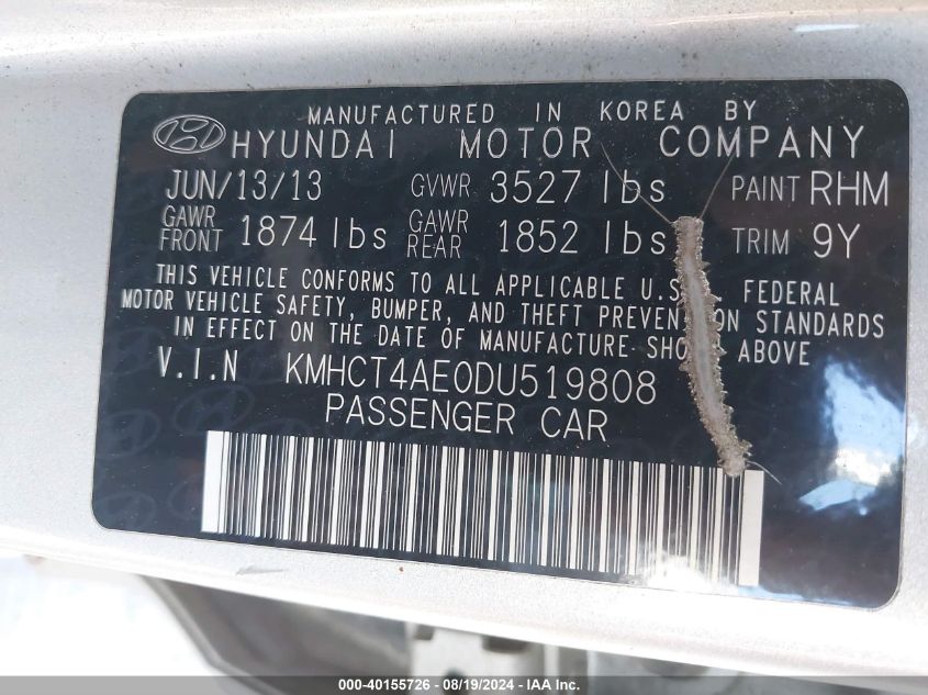 2013 Hyundai Accent Gls VIN: KMHCT4AE0DU519808 Lot: 40155726