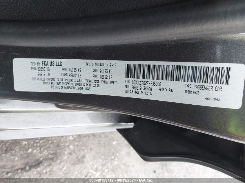 2015 Chrysler 200 Limited VIN: 1C3CCCAB2FN735326 Lot: 40155742