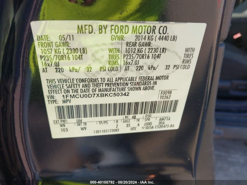 2011 Ford Escape Xlt VIN: 1FMCU0D7XBKC50342 Lot: 40155792