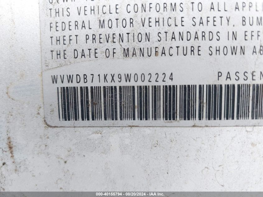 2009 Volkswagen Rabbit S VIN: WVWDB71KX9W002224 Lot: 40155794