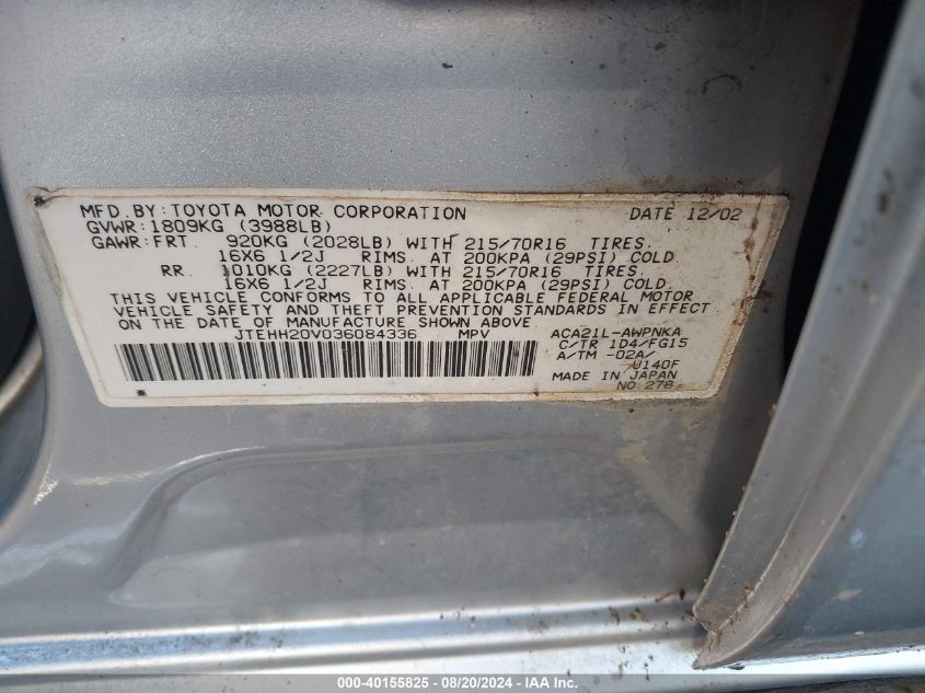 2003 Toyota Rav4 VIN: JTEHH20V036084336 Lot: 40155825