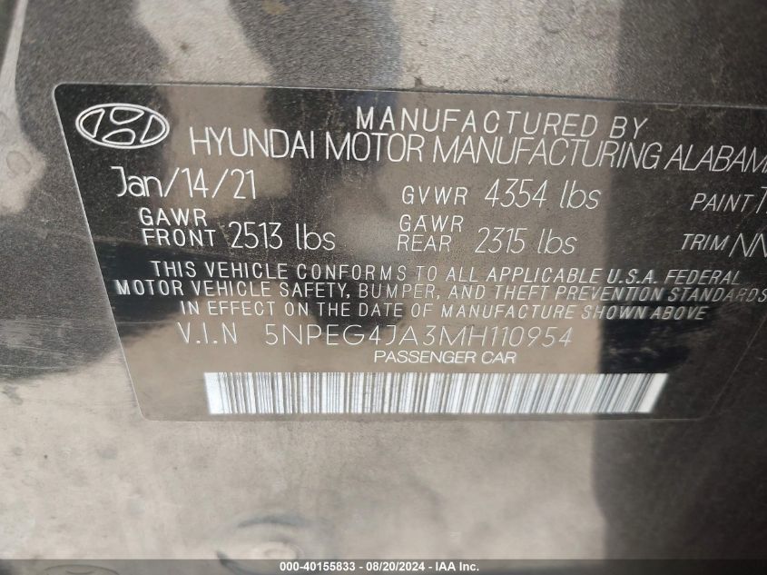 2021 Hyundai Sonata Se VIN: 5NPEG4JA3MH110954 Lot: 40155833