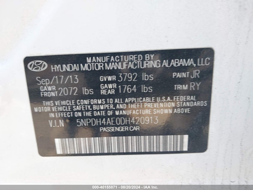 2013 Hyundai Elantra Limited VIN: 5NPDH4AE0DH420913 Lot: 40155871