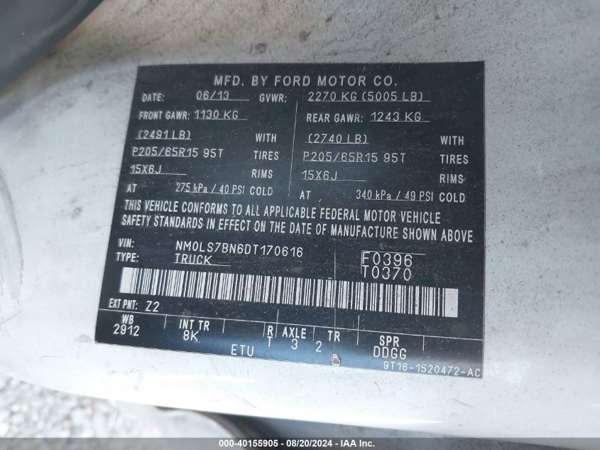 2013 Ford Transit Connect Xlt VIN: NM0LS7BN6DT170616 Lot: 40155905