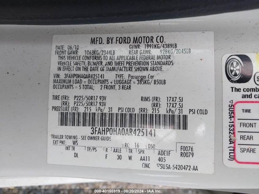 2010 Ford Fusion Se VIN: 3FAHP0HA0AR425141 Lot: 40155919