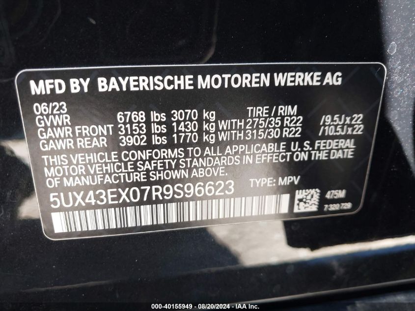 2024 BMW X6 M60I VIN: 5UX43EX07R9S96623 Lot: 40155949