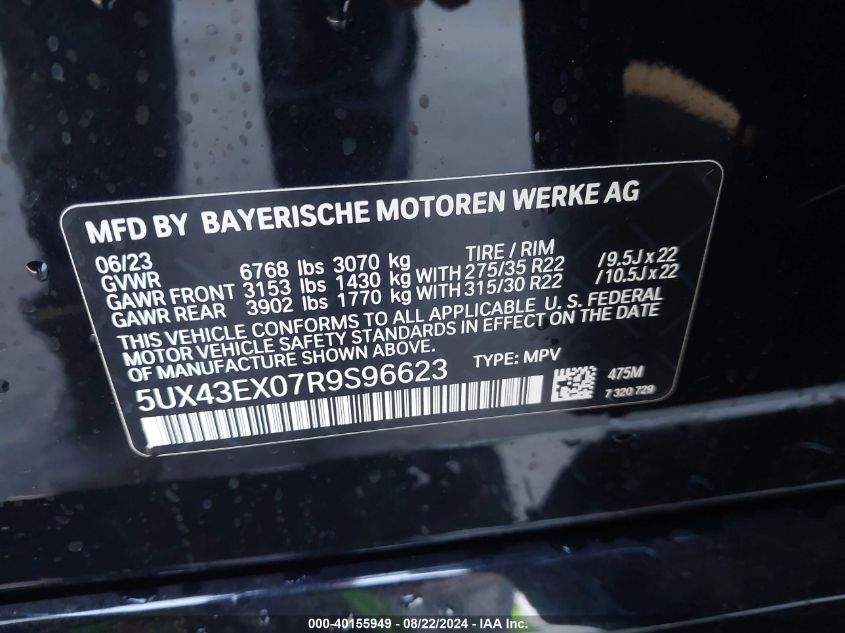 2024 BMW X6 M60I VIN: 5UX43EX07R9S96623 Lot: 40155949