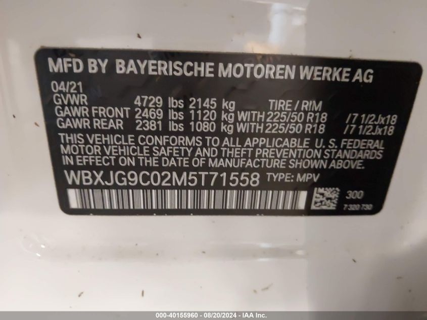 2021 BMW X1 xDrive28I VIN: WBXJG9C02M5T71558 Lot: 40155960