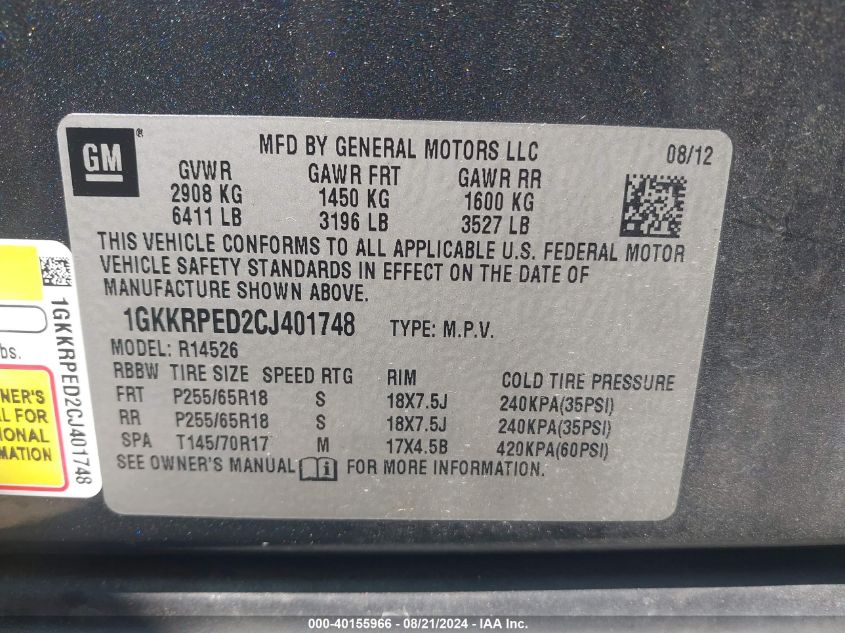 1GKKRPED2CJ401748 2012 GMC Acadia Sle