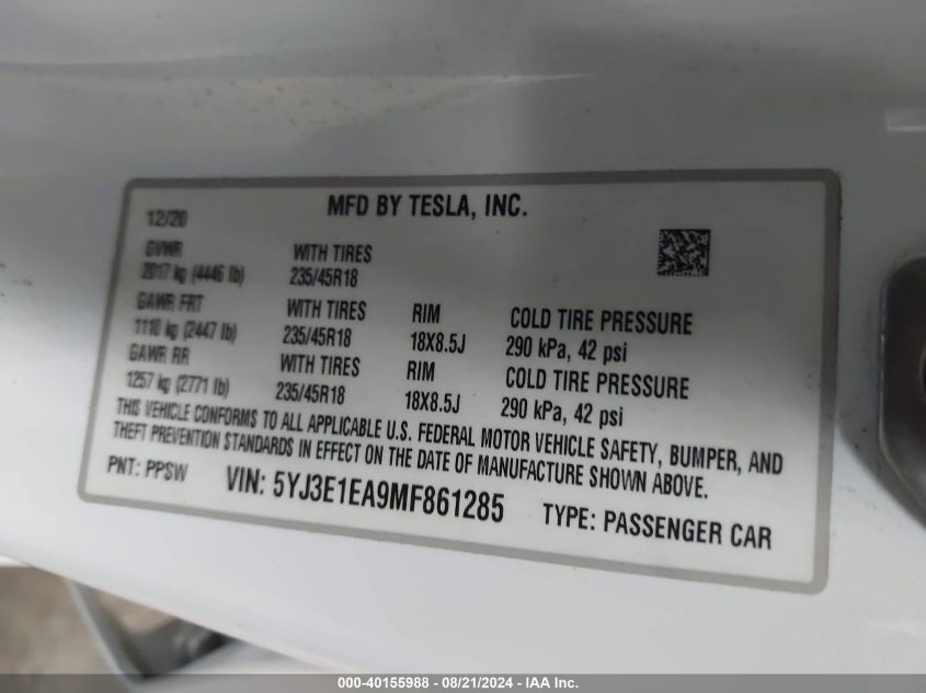 2021 Tesla Model 3 Standard Range Plus Rear-Wheel Drive VIN: 5YJ3E1EA9MF861285 Lot: 40155988