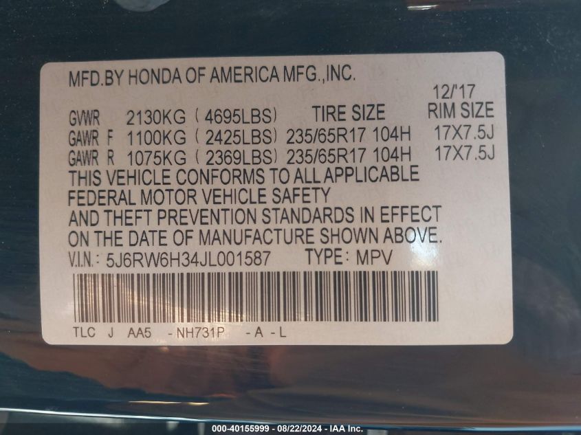 2018 Honda Cr-V Lx VIN: 5J6RW6H34JL001587 Lot: 40155999