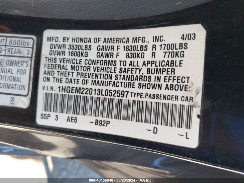 2003 Honda Civic Ex VIN: 1HGEM22013L052597 Lot: 40156046