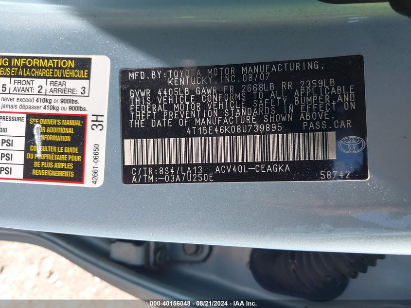 2008 Toyota Camry Xle VIN: 4T1BE46K08U739895 Lot: 40156048