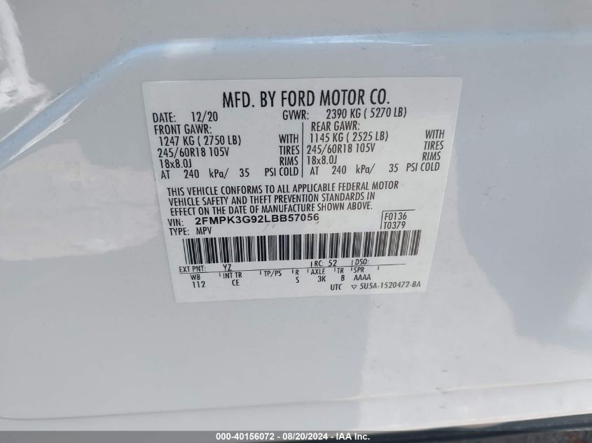 2020 Ford Edge Se VIN: 2FMPK3G92LBB57056 Lot: 40156072