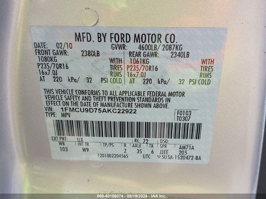 2010 Ford Escape Xlt VIN: 1FMCU9D75AKC22922 Lot: 40156074