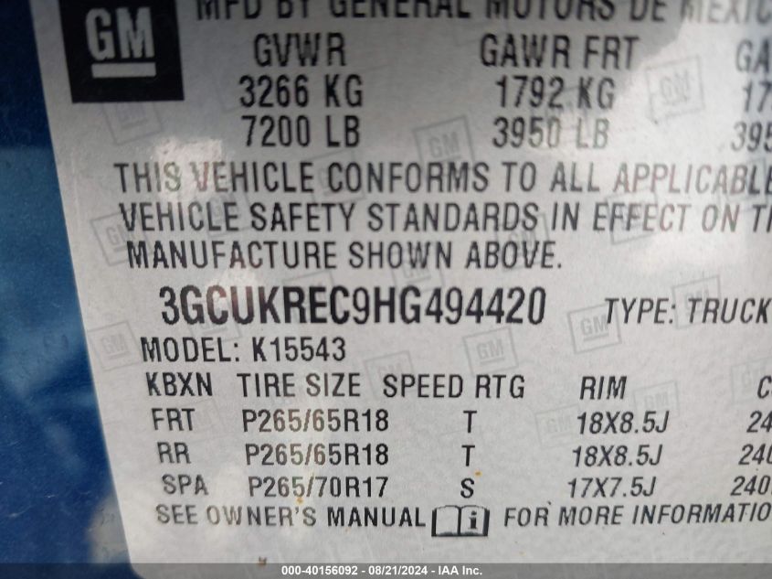 3GCUKREC9HG494420 2017 Chevrolet Silverado 1500 K1500 Lt