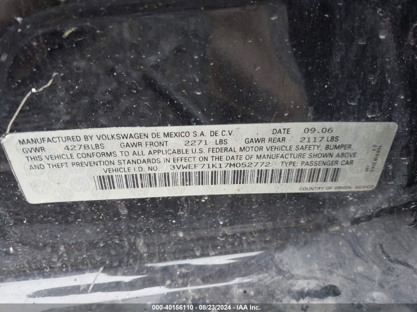 2007 Volkswagen Jetta Wolfsburg Edition VIN: 3VWEF71K17M052772 Lot: 40156110