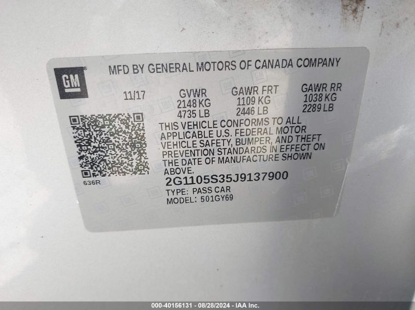 VIN 2G1105S35J9137900 2018 CHEVROLET IMPALA 1LT