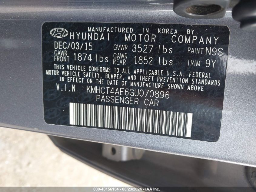 2016 Hyundai Accent Se VIN: KMHCT4AE6GU070896 Lot: 40156154