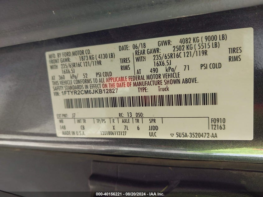 VIN 1FTYR2CM6JKB12827 2018 FORD TRANSIT-250
