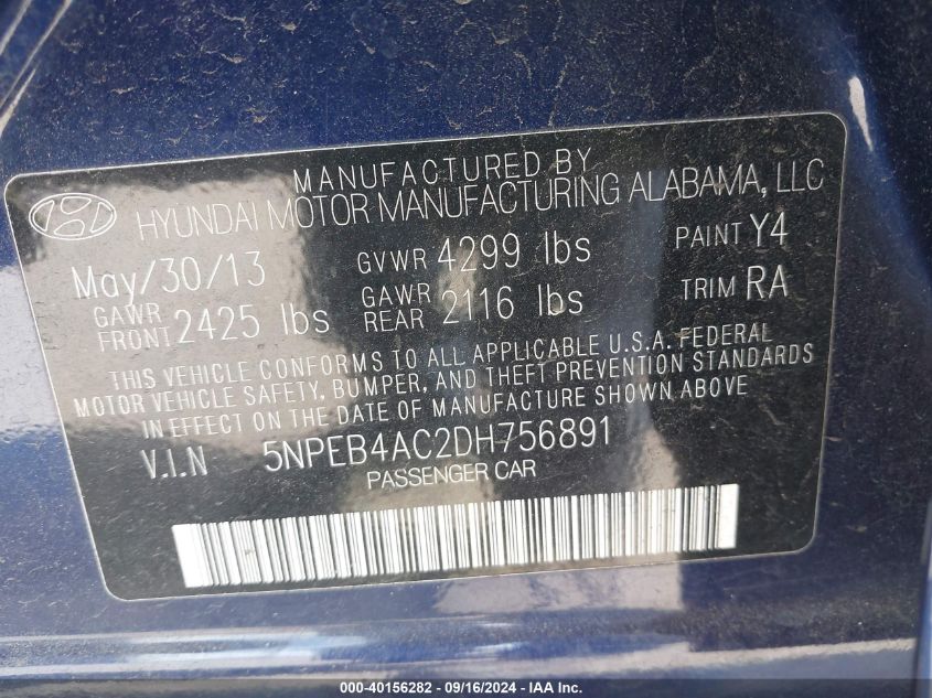 5NPEB4AC2DH756891 2013 Hyundai Sonata Gls