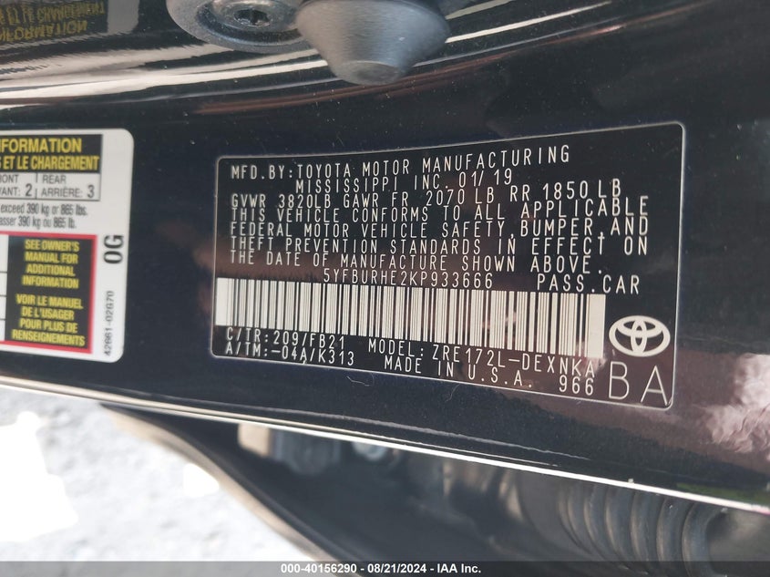 VIN 5YFBURHE2KP933666 2019 TOYOTA COROLLA LE