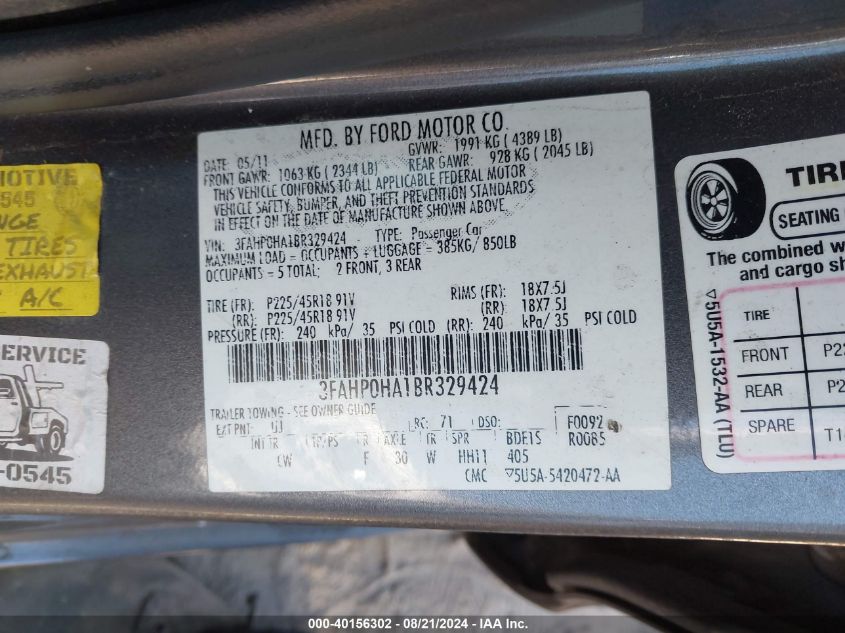 2011 Ford Fusion Se VIN: 3FAHP0HA1BR329424 Lot: 40156302