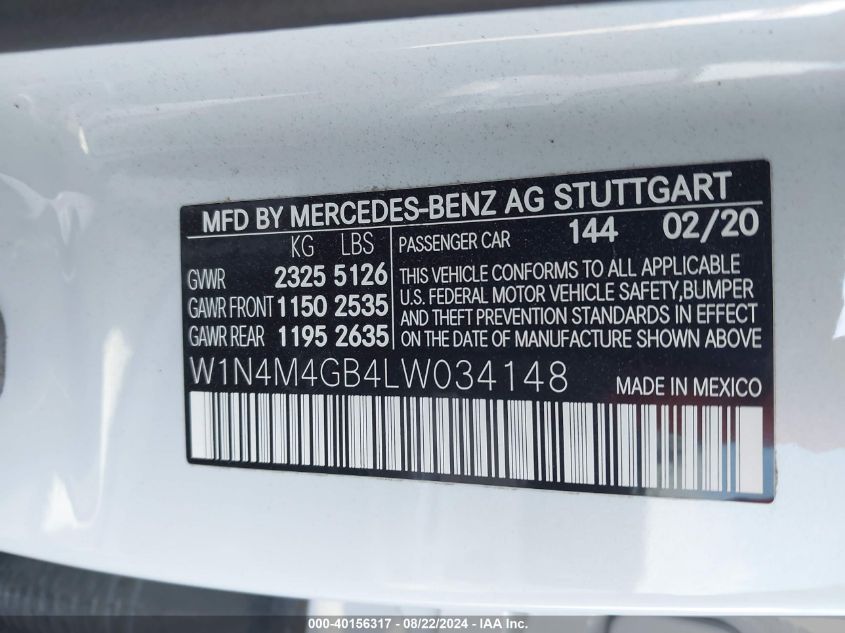 W1N4M4GB4LW034148 2020 Mercedes-Benz Glb 250