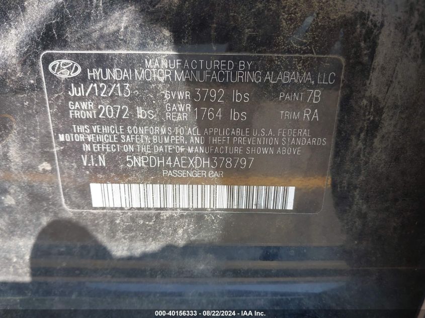 5NPDH4AEXDH378797 2013 Hyundai Elantra Limited