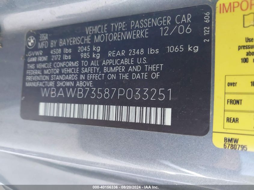 2007 BMW 335I VIN: WBAWB73587P033251 Lot: 40156336