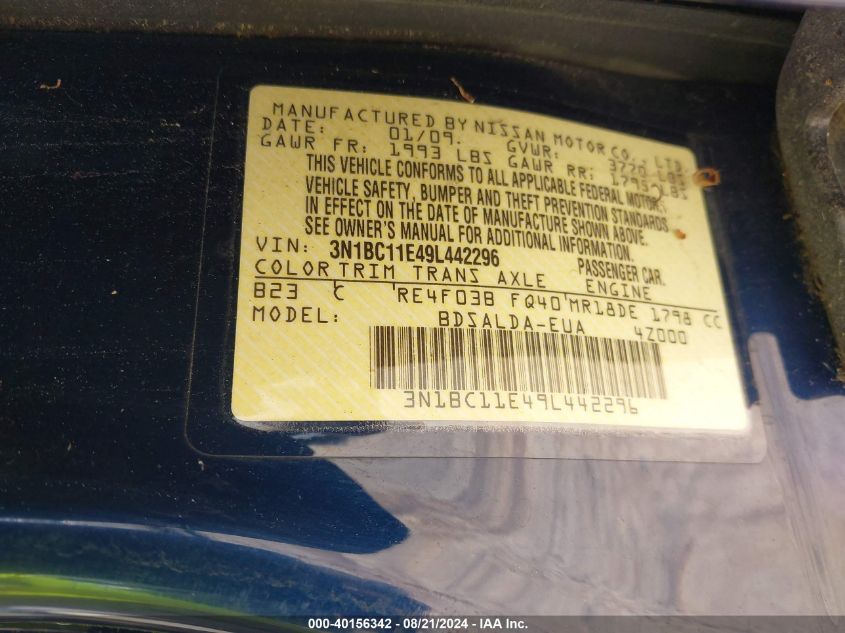 2009 Nissan Versa 1.8S VIN: 3N1BC11E49L442296 Lot: 40156342