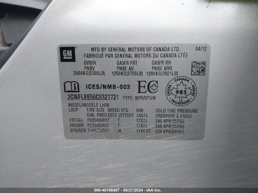 2012 Chevrolet Equinox 1Lt VIN: 2GNFLEE56C6327721 Lot: 40156407