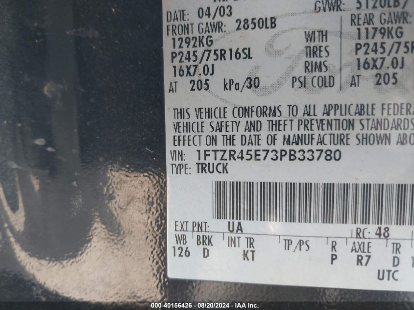 2003 Ford Ranger Edge/Xlt VIN: 1FTZR45E73PB33780 Lot: 40156426