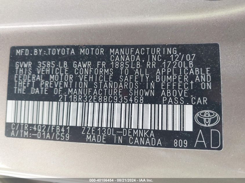 2008 Toyota Corolla Le VIN: 2T1BR32E88C935468 Lot: 40156454