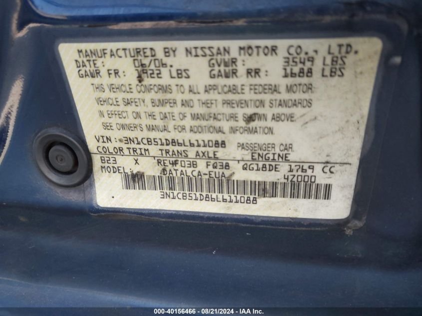 2006 Nissan Sentra 1.8/1.8S VIN: 3N1CB51D86L611088 Lot: 40156466